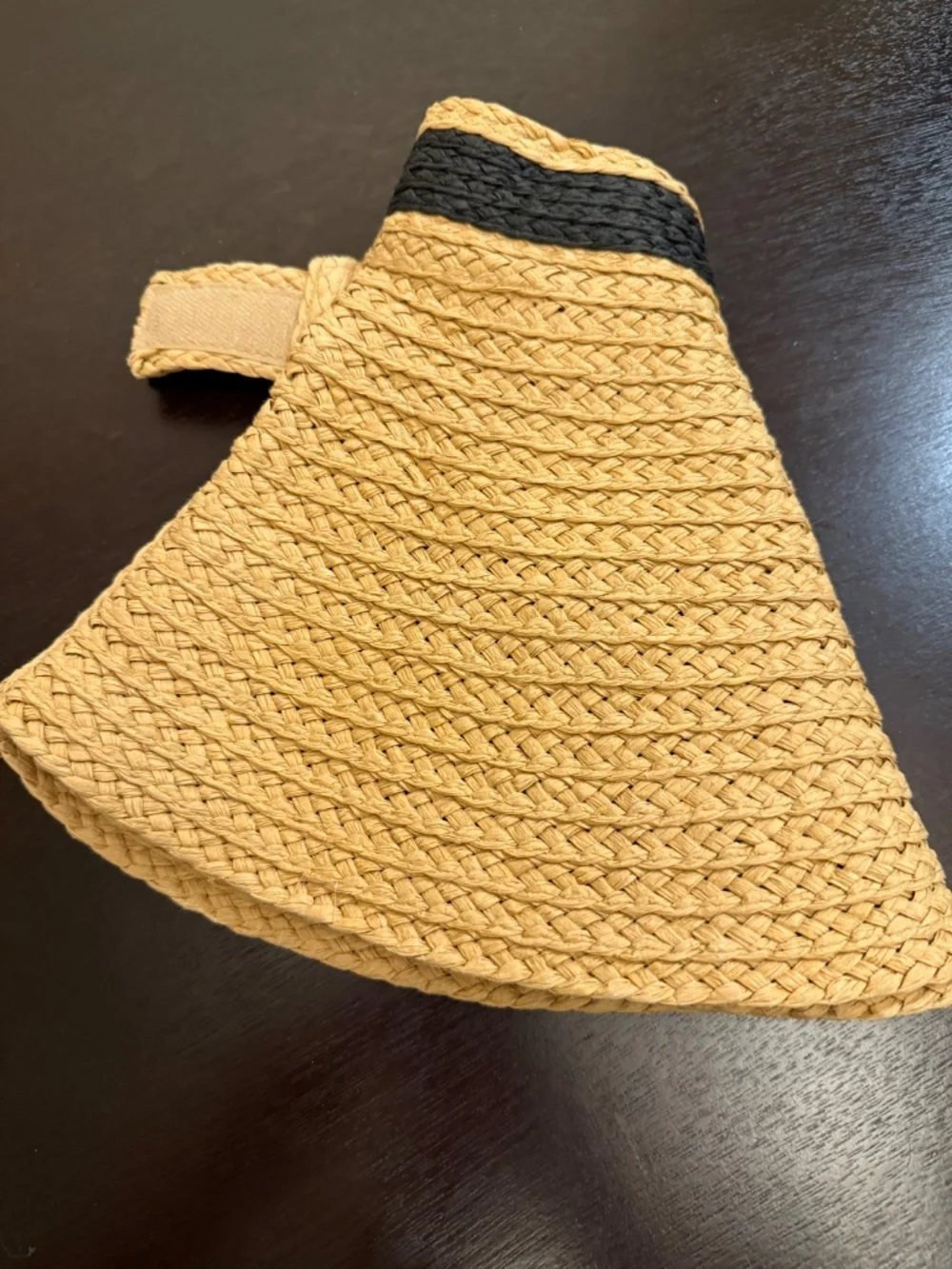 Zara Roll Up Woven Wide Brim Visor Sun Hat Black Band Beige Adjustable Resort OS